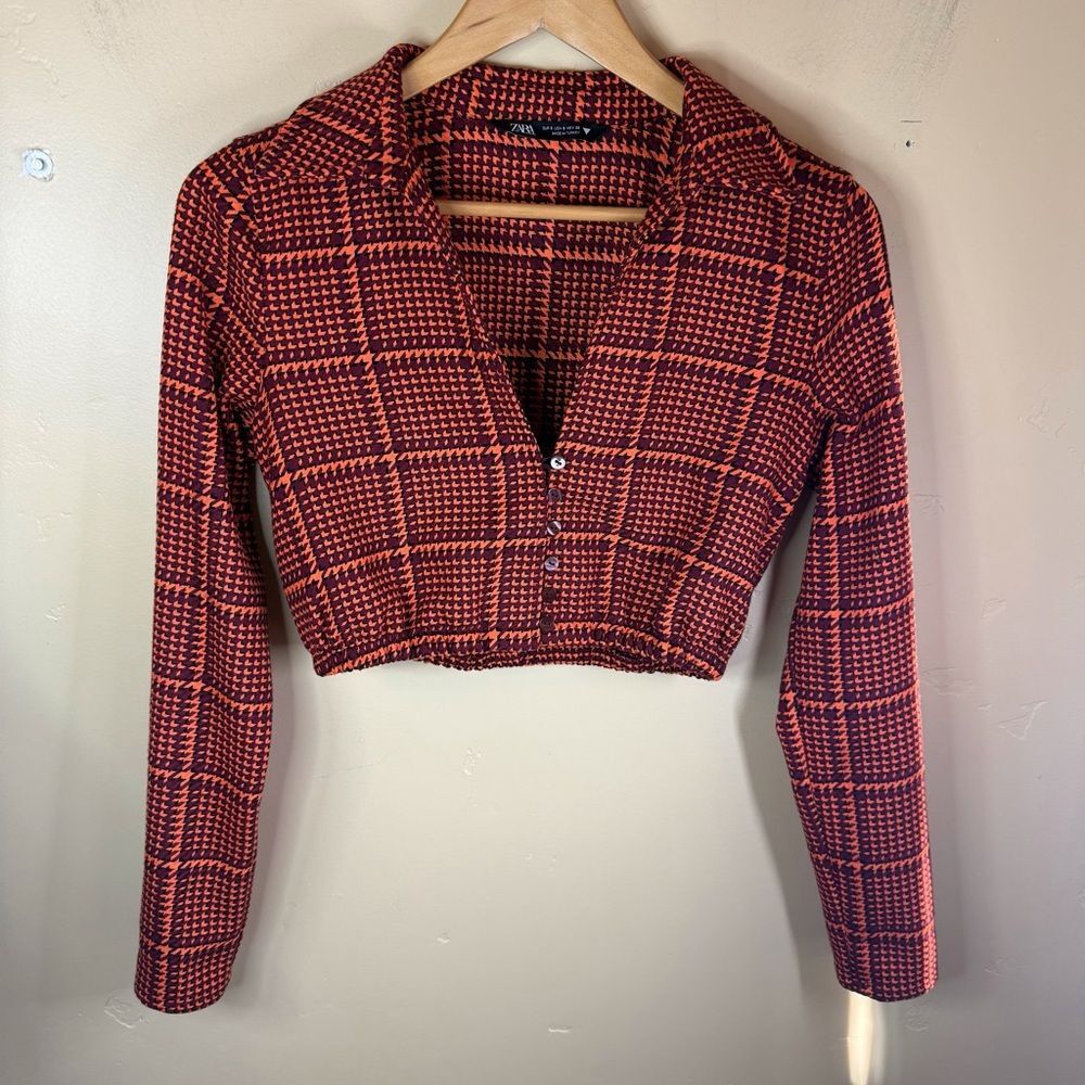 Zara Womens Houndstooth Long Sleeve Cropped Button‎ Down Shirt Size Sm Academia